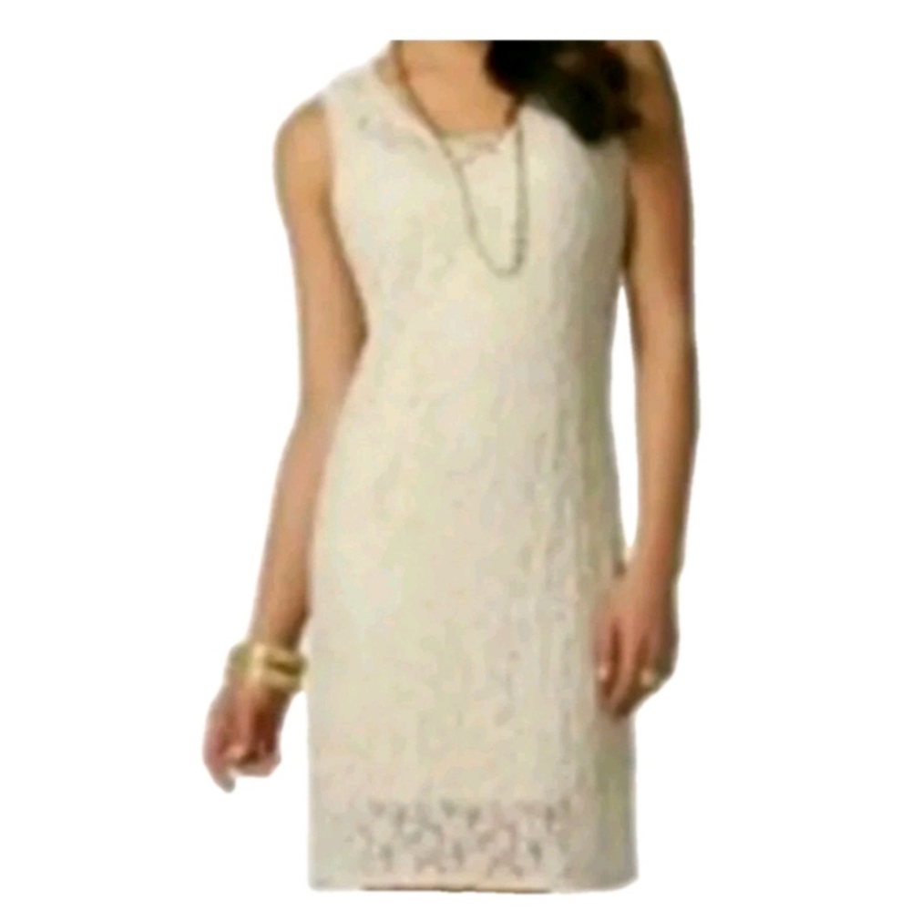 Daisy Fuentes Ivory Pearl Crochet Lace Overlay Sleeveless Shift Dress Wedding M